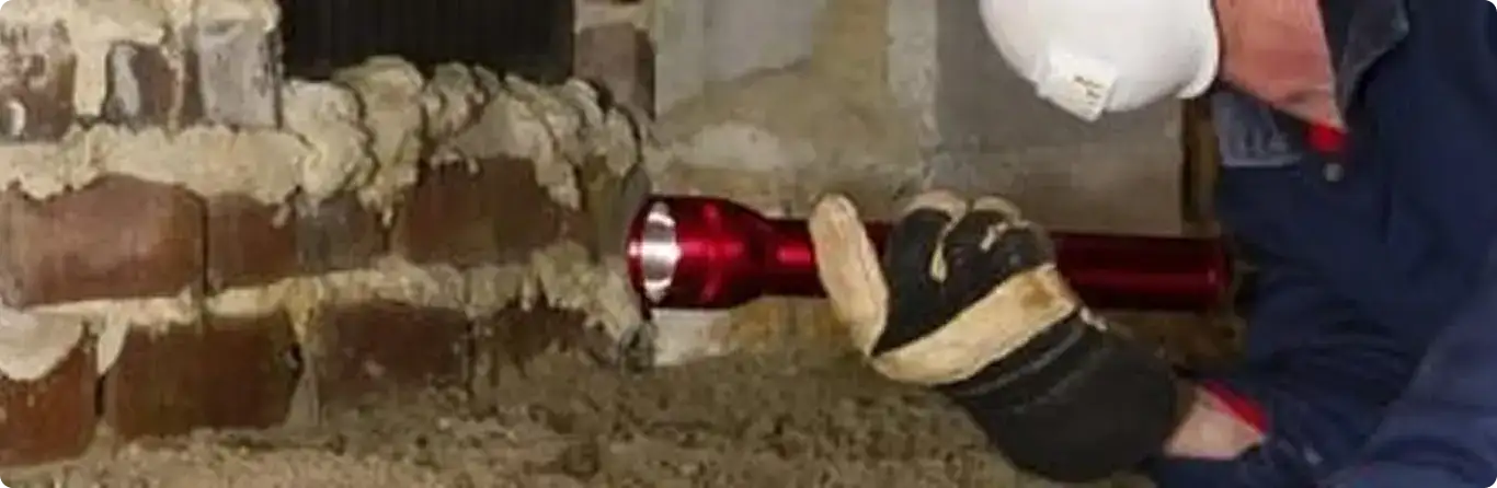 Pest control technician inspecting a crawl space for ant activity in Hampstead, NC
