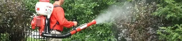 Mosquito control technician fogging shrubs and landscaping for mosquito treatment in Wilmington, NC