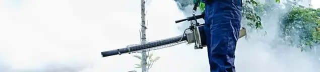 Pest control technician fogging an outdoor area for insect control in Wilmington, NC